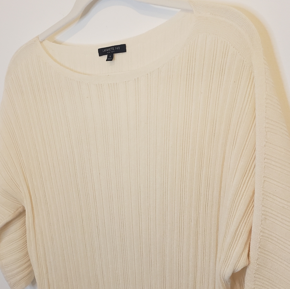 Lafayette 148 Dolman Ribbed Semi Sheer Cream Plisse Sweater Size S - Picture 3 of 12